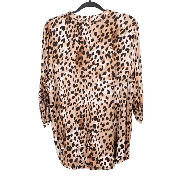 Calvin Klein Leopard Print Blouse Womens XL Roll Tab Sleeve Zipper Front Brown - Picture 6 of 6